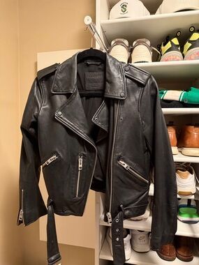 All Saints Black Leather Moto Jacket with Zip Details